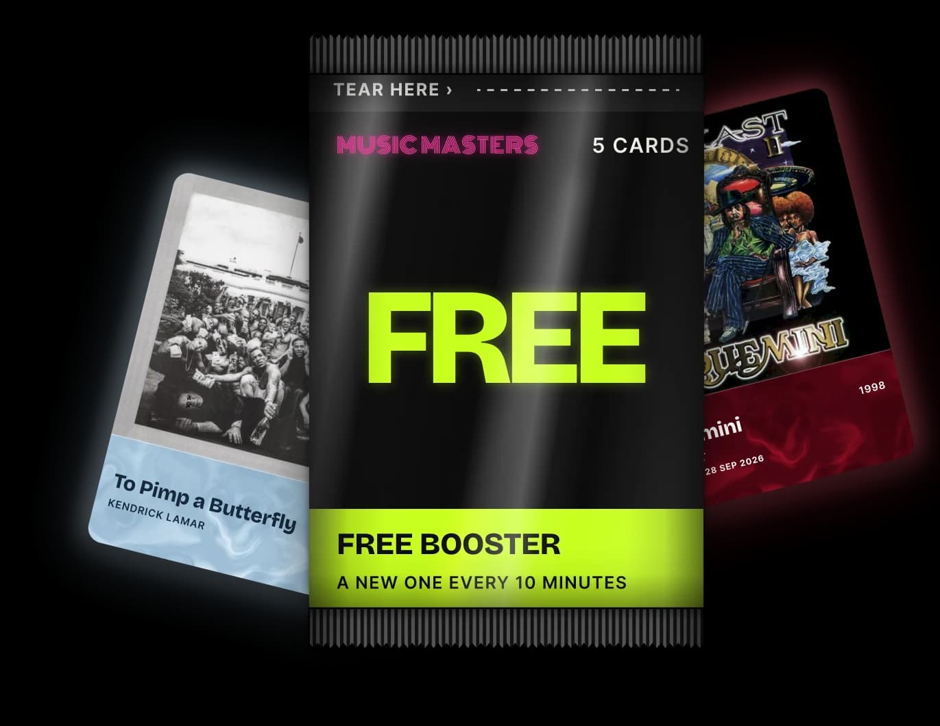 A sealed free booster between two album cards